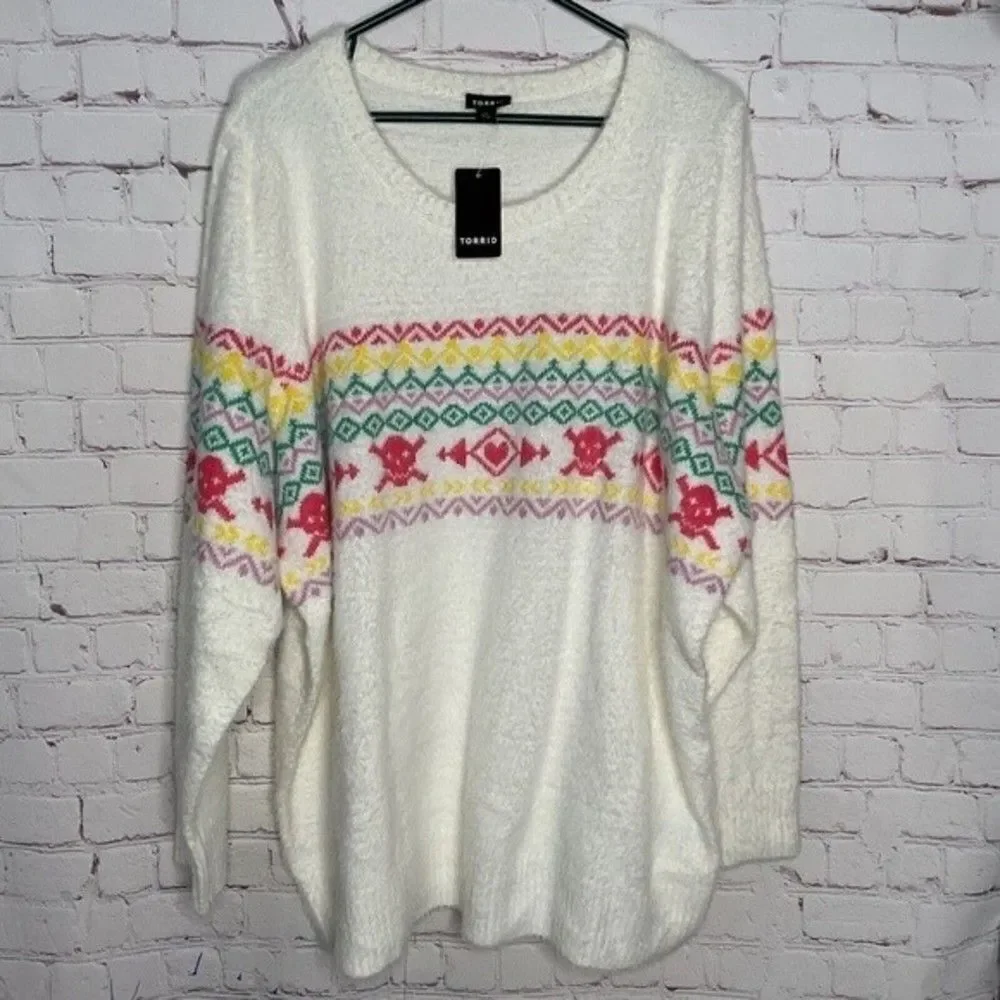 NWT Torrid Womens Tan Fuzzy Yarn Crew Fair Isle Skull Sweater Size 3X‎